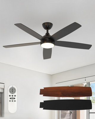 B&Q -  Stylish Ceiling Fan With Dimmable Light 22W 3000K-6500K Reversible Wood And White Blades For Bedroom Living Room