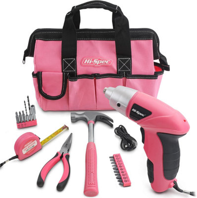 Hi-Spec Tools 20 Pc Pink Hand Tools Set With Cordless Screwdriver In A Bag And Ideal For Gifts from B&Q