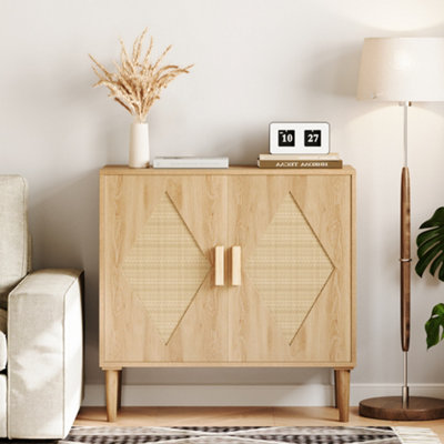  - Rattan Wooden Storage Cabinet 2 Door Sideboard Adjustable Shelf (H)88Cm X (W)80Cm X (D)40Cm