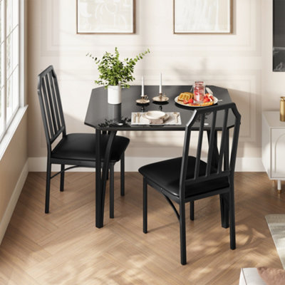  - 3 Pcs Dining Table Set With Square Glass Top Table & 2 Upholstered ChairsBlack