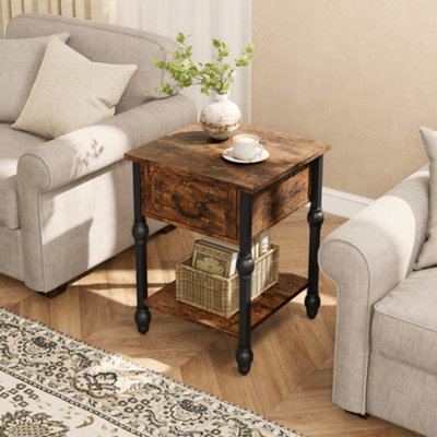  - 2-Tier Side Table With Drawer And Storage Shelf Metal Frame Bedside Sofa Table W/ Adjustable FeetBrown(W)40Cm (D)40Cm (H)60Cm