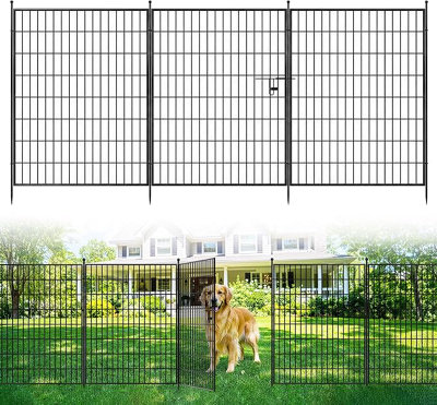  - Metal Rectangular Garden Fence With Gate,5 Panels,rustproof Durable Black Outdoor Border Fencing,360X2.5X101Cm