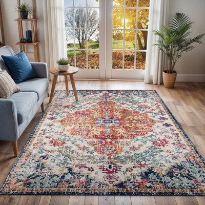 Livabliss Harput-Vintage Blue Orange Yellow Grey Traditional Boho Living Dining Bedroom Rug 200 X 275 Cm Easy CareNon Shedding from B&Q