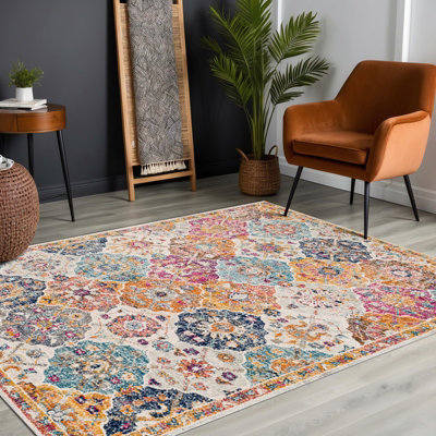 Livabliss Harput-Vintage Orange Blue Beige Grey Traditional Boho Living Dining Bedroom Rug 200 X 275 Cm Easy CareNon Shedding from B&Q