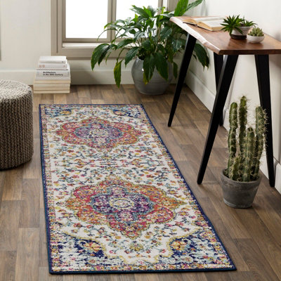 Livabliss Aziz-Vintage Pink Blue Orange Yellow Traditional Boho Living Dining Bedroom Rug 80 X 230 Cm Easy CareNon Shedding from B&Q