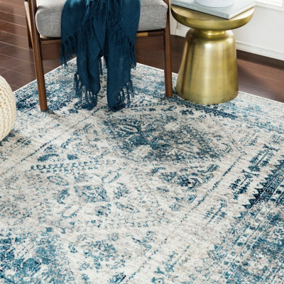 Livabliss Monte Carlo-Vintage Blue Grey White Traditional Boho Living Dining Bedroom Rug 160 X 220 Cm Easy CareNon Shedding from B&Q