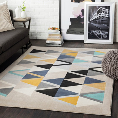 Livabliss City-Geometric Yellow Blue Grey Black Living Dining Bedroom Rug 160 X 220 Cm Easy CareNon Shedding from B&Q