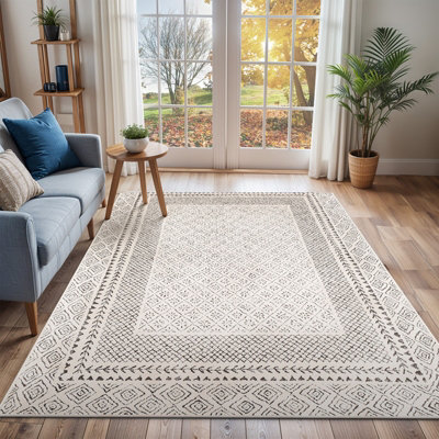Livabliss Bahar-Geometric Grey Beige Global Living Dining Bedroom Rug 160 X 220 Cm Easy CareNon Shedding from B&Q
