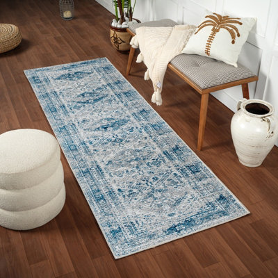 Livabliss Monte Carlo-Vintage Blue Grey White Traditional Boho Living Dining Bedroom Rug 80 X 220 Cm Easy CareNon Shedding from B&Q