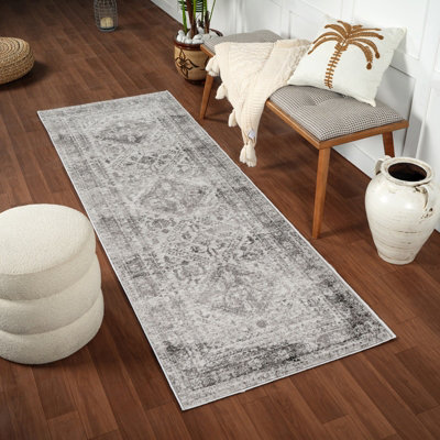 Livabliss Monte Carlo-Vintage Grey White Charcoal Traditional Boho Living Dining Bedroom Rug 80 X 220 Cm Easy CareNon Shedding from B&Q