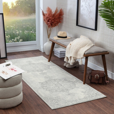 Livabliss Monaco-Vintage Grey Ivory Traditional Boho Living Dining Bedroom Rug 80 X 220 Cm Easy CareNon Shedding from B&Q