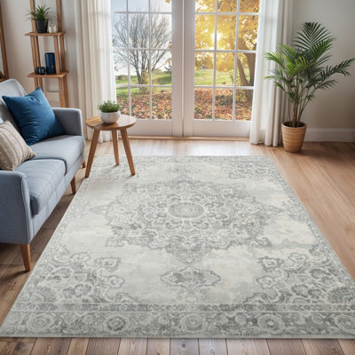 Livabliss Monaco-Vintage Grey Ivory Traditional Boho Living Dining Bedroom Rug 160 X 220 Cm Easy CareNon Shedding from B&Q