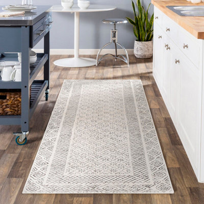 Livabliss Bahar-Geometric Grey Beige Global Living Dining Bedroom Rug 80 X 220 Cm Easy CareNon Shedding from B&Q