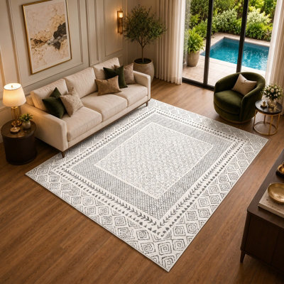 Livabliss Square Bahar-Geometric Grey Beige Global Living Dining Bedroom Rug 160 X 160 Cm Easy CareNon Shedding from B&Q