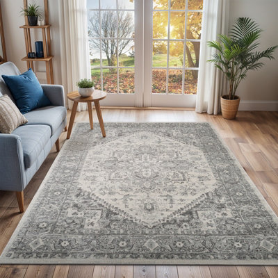 Livabliss Chester-Vintage Grey White Traditional Boho Living Dining Bedroom Rug 160 X 220 Cm Easy CareNon Shedding from B&Q