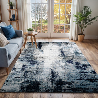 Livabliss Wanderlust-Abstract Blue Grey Black Modern Marble Living Dining Bedroom Rug 200 X 275 Cm Easy CareNon Shedding from B&Q