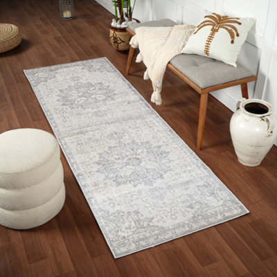 Livabliss Monaco-Vintage Grey Ivory Cream Traditional Boho Living Dining Bedroom Rug 80 X 220 Cm Easy CareNon Shedding from B&Q