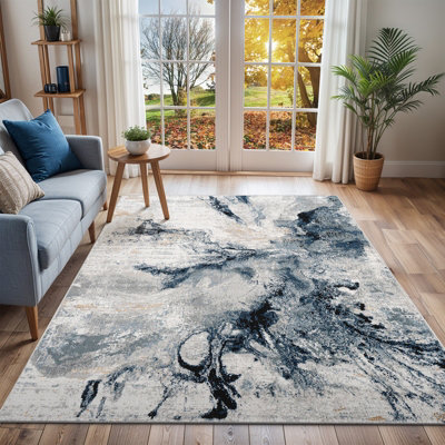 Livabliss Jolie-Abstract Blue Grey Beige Black Modern Marble Living Dining Bedroom Rug 160 X 220 Cm Easy CareNon Shedding from B&Q