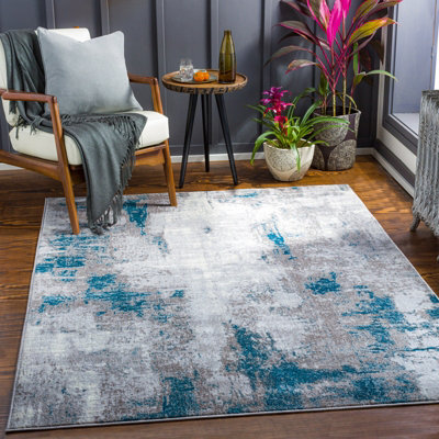 Livabliss Wanderlust-Abstract Grey Blue Ivory Modern Marble Living Dining Bedroom Rug 200 X 275 Cm Easy CareNon Shedding from B&Q