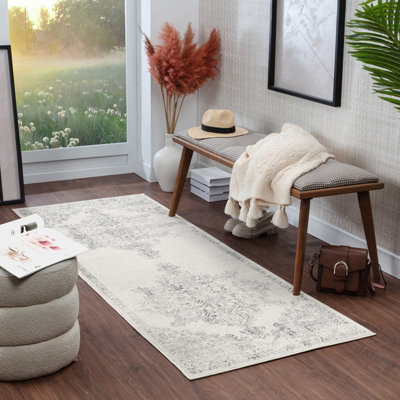 Livabliss Roma-Vintage Off-White Grey Charcoal Traditional Boho Living Dining Bedroom Rug 80 X 220 Cm Easy CareNon Shedding from B&Q