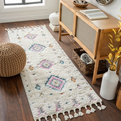 Livabliss Lofty-Shaggy Ivory Pink Blue Vintage Boho Plush Soft Pile Fringe Living Bedroom Rug 80 X 220 Cm Easy CareNon Shedding from B&Q