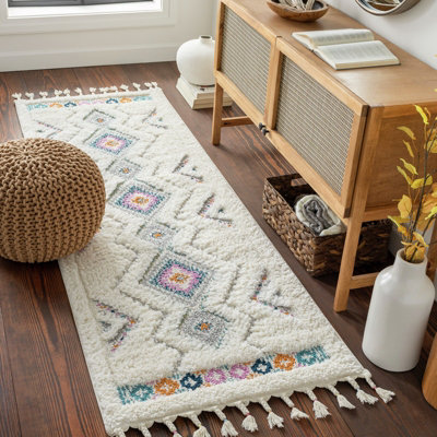 Livabliss Lofty-Shaggy Ivory Orange Blue Vintage Boho Plush Soft Pile Fringe Living Bedroom Rug 80 X 220 Cm Easy CareNon Shedding from B&Q