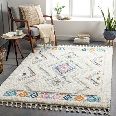 Livabliss Lofty-Shaggy Ivory Orange Blue Vintage Boho Plush Soft Pile Fringe Living Bedroom Rug 160 X 213 Cm Easy CareNon Shedding from B&Q