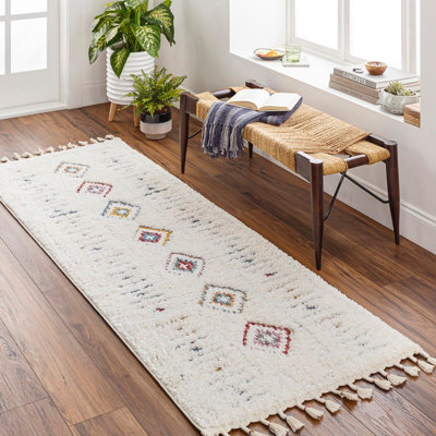 Livabliss Lofty-Shaggy Ivory Yellow Blue Vintage Boho Plush Soft Pile Fringe Living Bedroom Rug 80 X 220 Cm Easy CareNon Shedding from B&Q