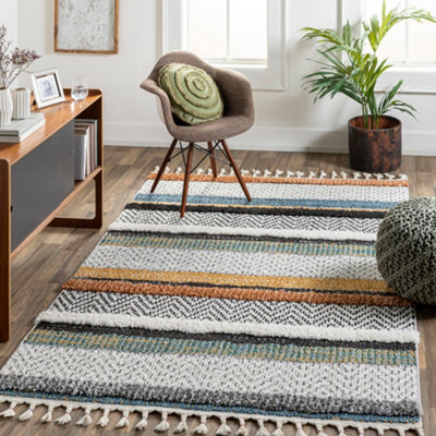 Livabliss Lofty-Shaggy Off-White Black Yellow Vintage Boho Plush Soft Pile Fringe Living Bedroom Rug 200 X 275 Cm Easy CareNon Shedding from B&Q