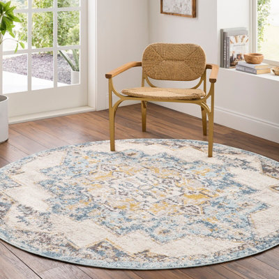 Livabliss Round Ankara-Vintage Blue Beige Traditional Boho Living Dining Bedroom Rug 160 X 160 Cm Easy CareNon Shedding from B&Q