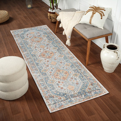 Livabliss Lillian-Washable Blue Brown Traditional Vintage Boho Living Dining Rug 80 X 220 Cm Easy CareNon Shedding from B&Q
