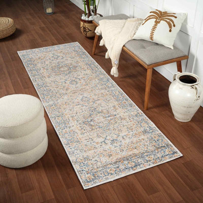Livabliss Lillian-Washable Blue Brown Traditional Vintage Boho Living Dining Rug 80 X 220 Cm Easy CareNon Shedding from B&Q