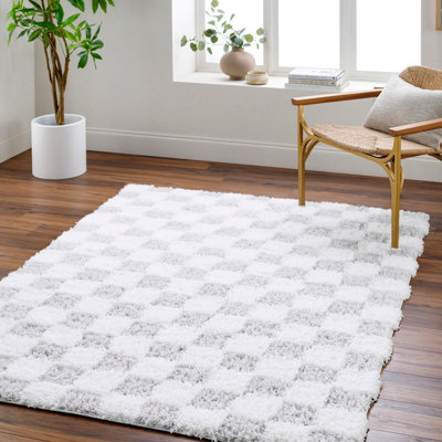 Livabliss Urban Shaggy-Modern Ivory Grey Checkered Soft Plush Pile Living Bedroom Rug 200 X 290 Cm Easy CareNon Shedding from B&Q