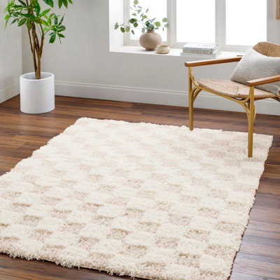 Livabliss Urban Shaggy-Modern Cream Beige Checkered Soft Plush Pile Living Bedroom Rug 200 X 290 Cm Easy CareNon Shedding from B&Q
