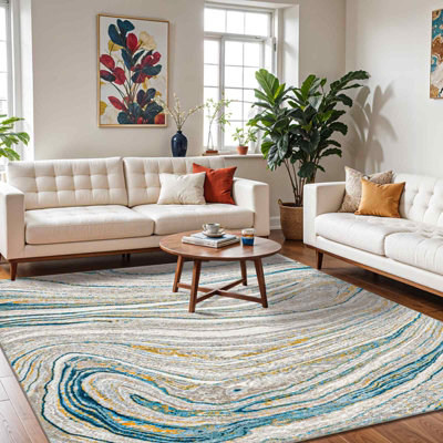 Livabliss San Francisco-Modern Blue Grey Yellow Graphic Living Dining Bedroom Rug 200 X 275 Cm Easy CareNon Shedding from B&Q