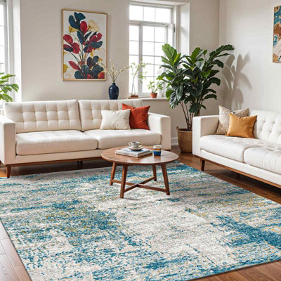 B&Q -  San Francisco-Abstract Blue Grey Yellow Modern Marble Living Dining Bedroom Rug 200 X 275 Cm Easy CareNon Shedding