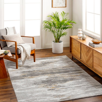 B&Q -  San Francisco-Abstract Grey Yellow Ivory Modern Marble Living Dining Bedroom Rug 200 X 275 Cm Easy CareNon Shedding