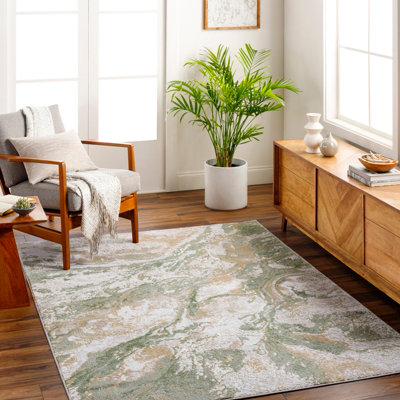 Livabliss San Francisco-Abstract Green Brown Yellow Taupe Modern Marble Living Dining Bedroom Rug 200 X 275 Cm Easy CareNon Shedding from B&Q
