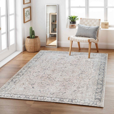 Livabliss Amelie-Washable Grey Pink Traditional Vintage Boho Living Dining Rug 160 X 220 Cm Easy CareNon Shedding from B&Q