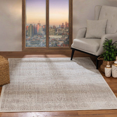 Livabliss Floransa-Vintage Tan Ivory Grey Traditional Boho Living Dining Bedroom Rug 120 X 170 Cm Easy CareNon Shedding from B&Q