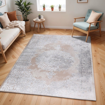 Livabliss Lustro-Vintage Beige Grey Off-White Traditional Boho Living Dining Bedroom Rug 200 X 275 Cm Easy CareNon Shedding from B&Q