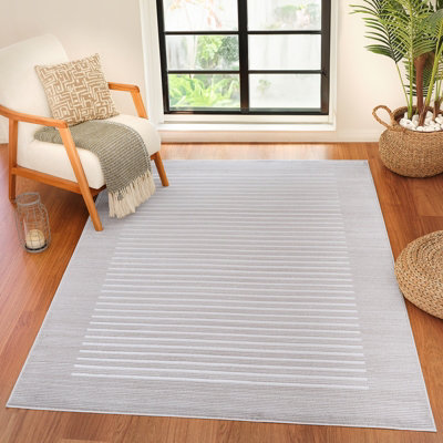 Livabliss Lustro-Modern Grey Off-White Beige Striped Living Dining Bedroom Rug 200 X 275 Cm Easy CareNon Shedding from B&Q