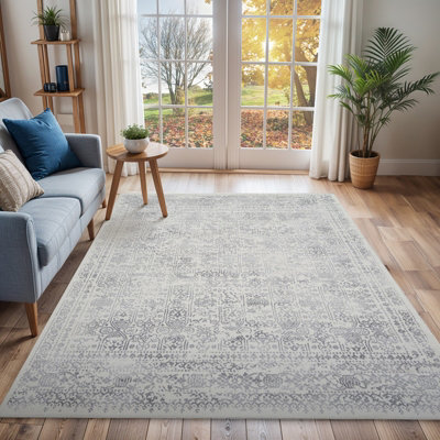 Livabliss Roma-Vintage Grey Cream Ivory Traditional Boho Living Dining Bedroom Rug 140 X 200 Cm Easy CareNon Shedding from B&Q