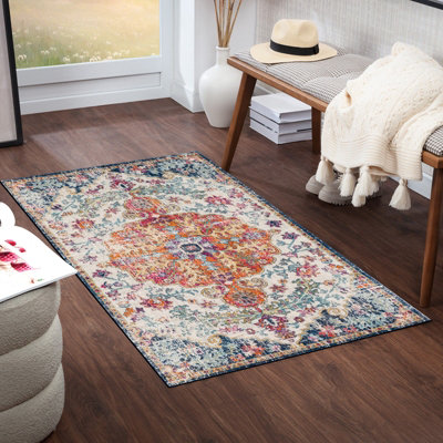 Livabliss Harput-Vintage Blue Orange Yellow Grey Traditional Boho Living Dining Bedroom Rug 80 X 150 Cm Easy CareNon Shedding from B&Q