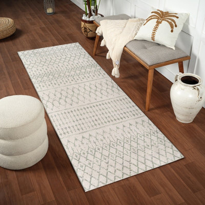 Livabliss Roma-Geometric Grey Ivory Green Living Dining Bedroom Rug 80 X 220 Cm Easy CareNon Shedding from B&Q