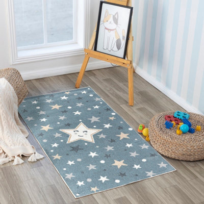 Livabliss Lillian-Kids Blue Grey Beige Yellow Washable Rug For Children's Rooms 80 X 150 Cm Easy CareNon Shedding from B&Q