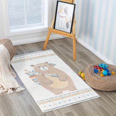 Livabliss Lillian-Kids Beige Brown Blue Orange Washable Rug For Children's Rooms 80 X 150 Cm Easy CareNon Shedding from B&Q