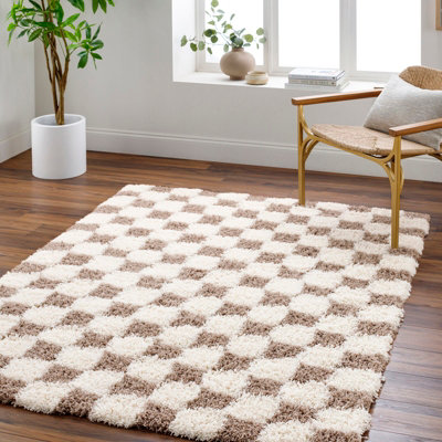 Livabliss Urban Shaggy-Modern Cream Brown Checkered Soft Plush Pile Living Bedroom Rug 160 X 220 Cm Easy CareNon Shedding from B&Q