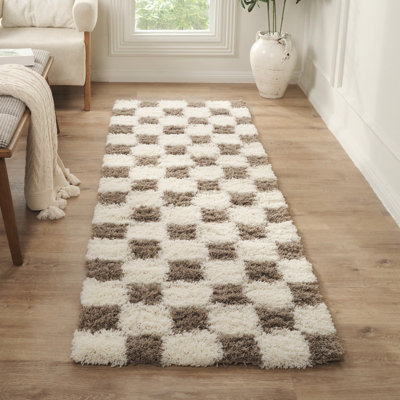 Livabliss Urban Shaggy-Modern Cream Brown Checkered Soft Plush Pile Living Bedroom Rug 80 X 220 Cm Easy CareNon Shedding from B&Q