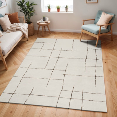 Livabliss Freud-Modern Ivory Brown High Pile Living Dining Bedroom Rug 160 X 213 Cm Easy CareNon Shedding from B&Q